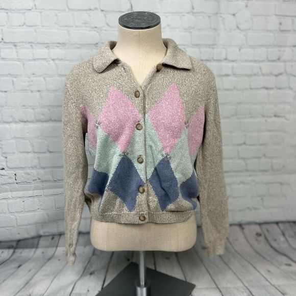 Vintage Sweaters - VTG Liz Claiborne Argyle Petite Sweater w/ Buttons & Collar